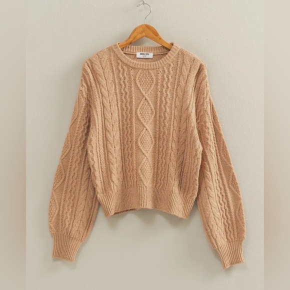 HYFVE Sweaters - Hyfve, Cable Knit Balloon Sleeve Sweater in Dark Taupe | 0007